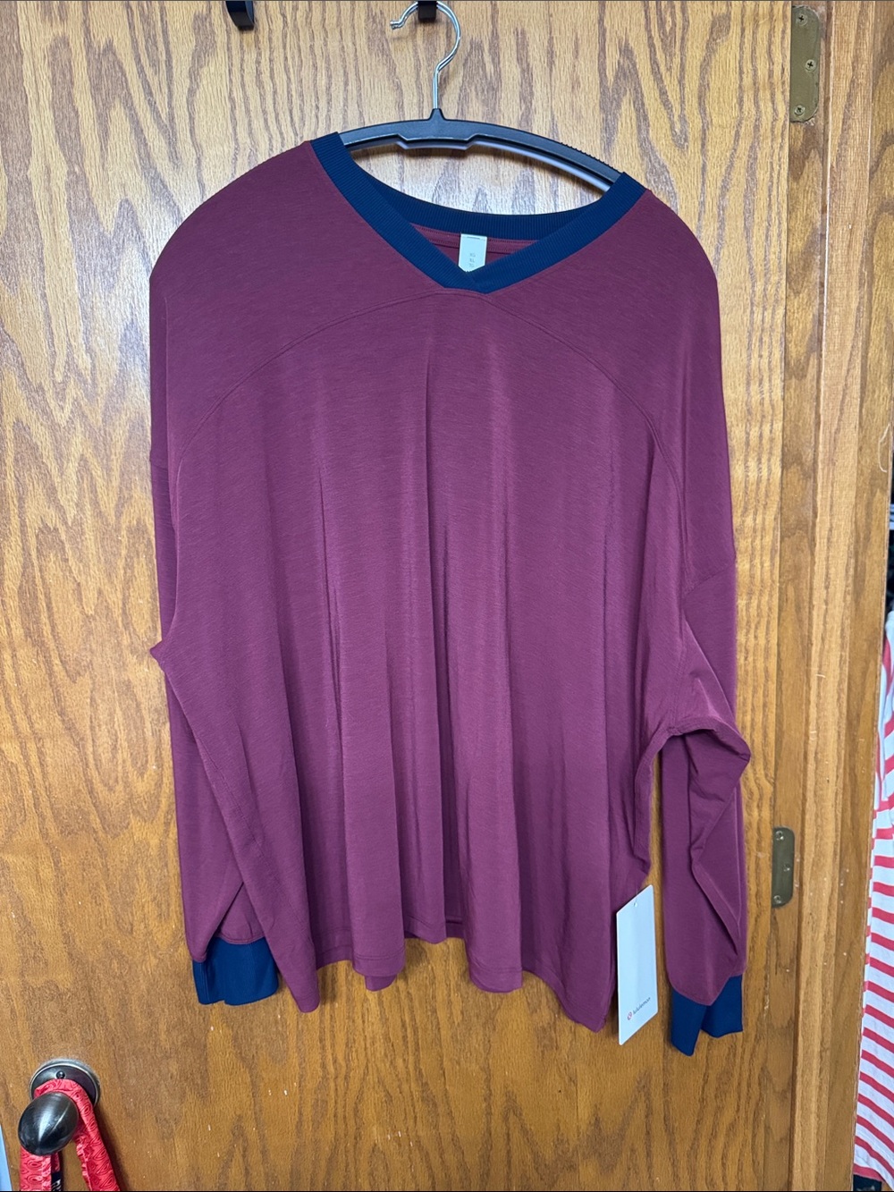 lululemon athletica V-Neck Long Sleeve Top in Burgundy with Navy Trim